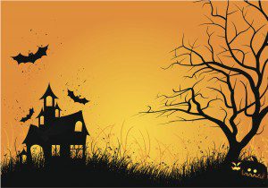 Haunted house with bats and eerie tree.